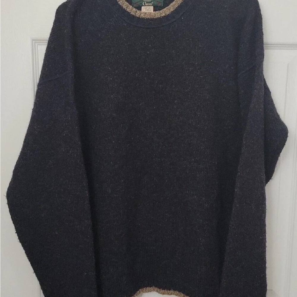 Orvis Men’s Large Wool Crewneck Pullover Sweater Dark Grey Tan Nottingham Tweed